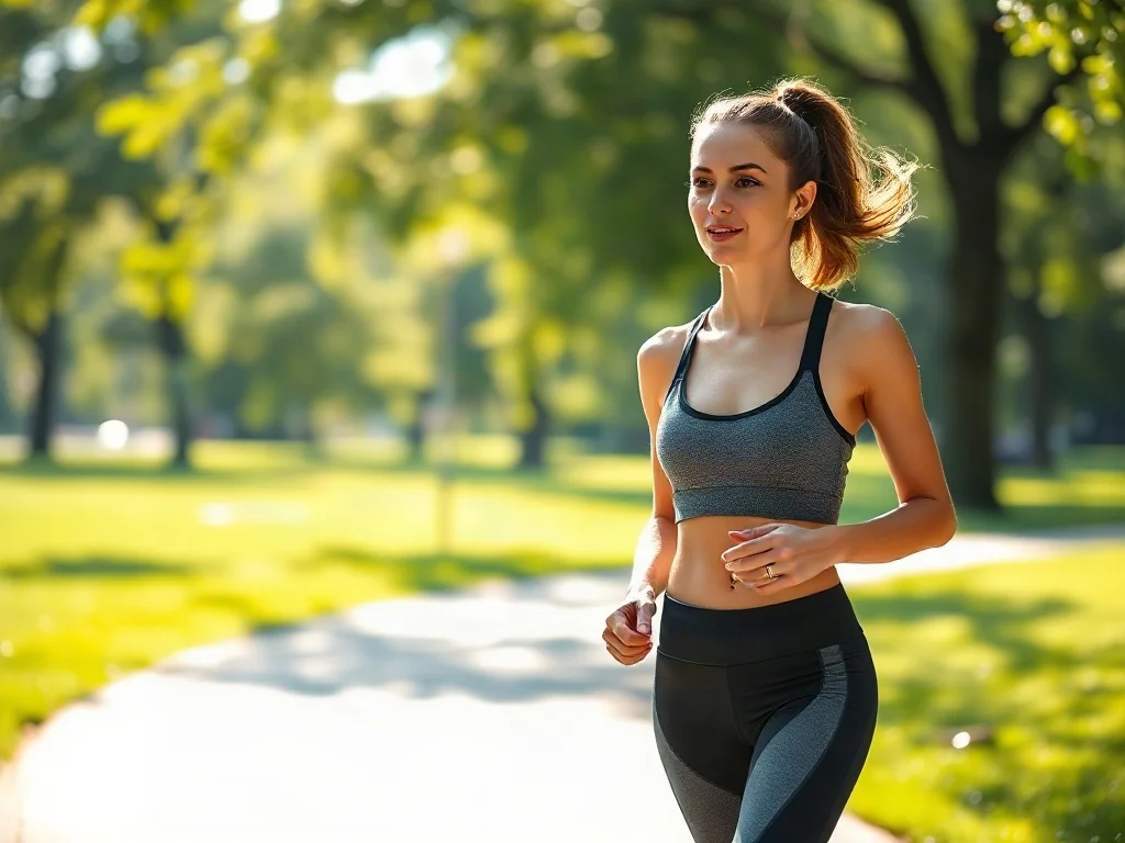 Aktywna kobieta w stroju sportowym spacerująca energicznym krokiem po słonecznym parku.