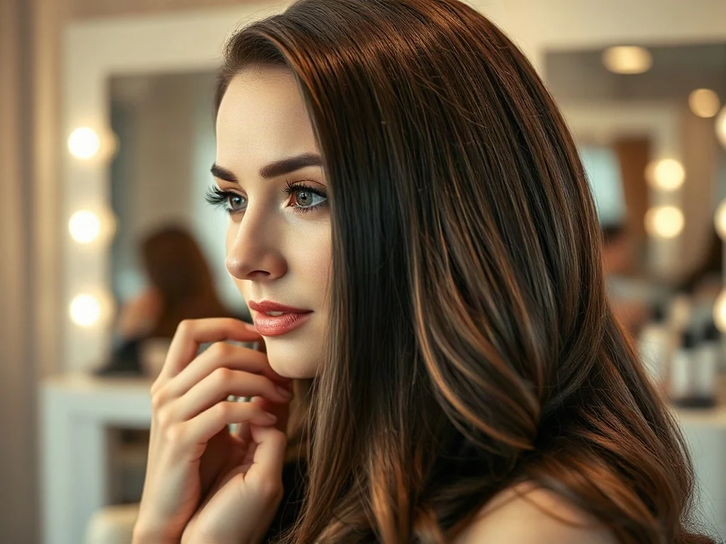 Elegancka kobieta dotykająca wysokiej jakości peruki z naturalnych włosów w profesjonalnym salonie fryzjerskim.
